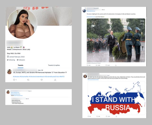 Capturas de pantalla de un perfil falso que usa la foto de Nicole Thorne en Twitter
