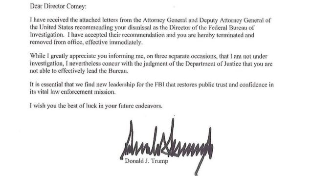 This handout image released on May 9, 2017 by the White House shows a copy of the termination letter from US President Donald Trump to FBI Director James Comey, May 9, 2017