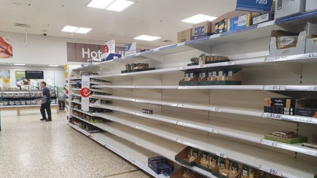 Empty pasta shelves at the Tesco store in Royston, Hertfordshire