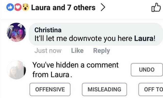 Una publicación en Facebook con el mesnaje: "Has ocultado un comentario de Laura".