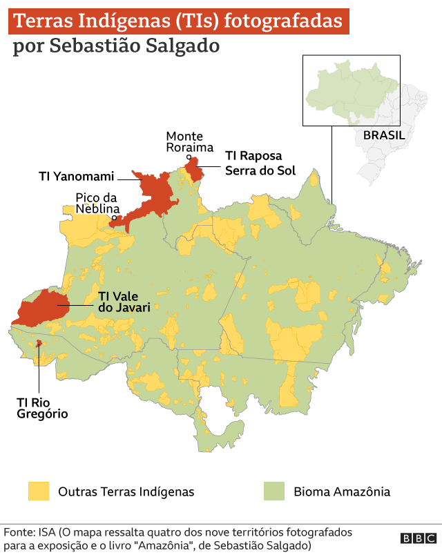 Mapa de territórios indígenas no Brasil e alguns visitados por Sebastião Salgado