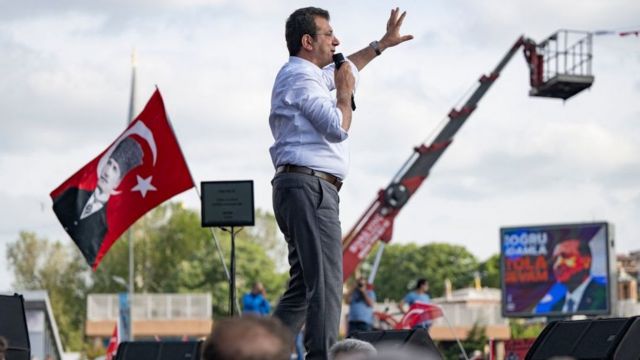 Istanbul Mayor Ekrem Imamoglu of the main opposition Republican People's Party (CHP) address supporters during an election rally