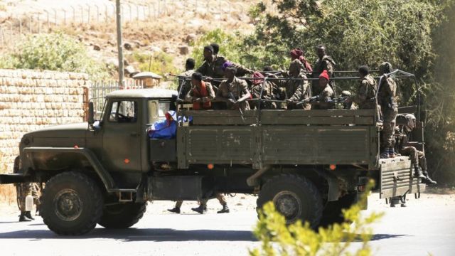 Units of Ethiopian army patrol the streets of Mekelle city of the Tigray region, in northern Ethiopia on March 07, 2021 after the city was captured with an operation towards Tigray People's Liberation Front (TPLF)