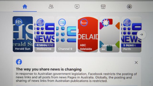 Screenshot of the blocked Australian news sites' stories on Facebook