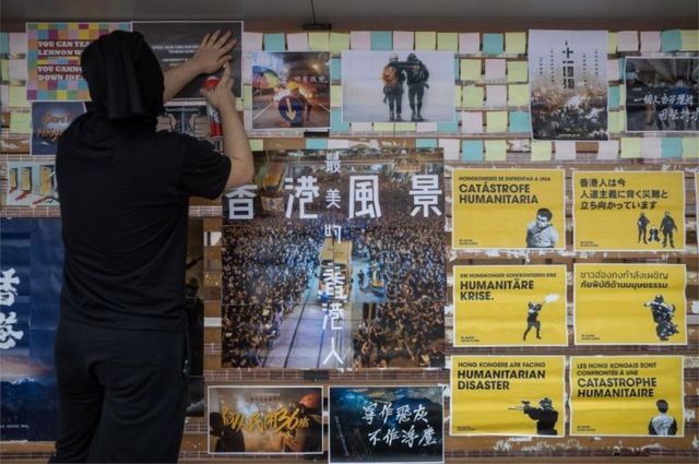 University of Hong Kong students take part in rebuilding a "Lennon Wall" on the campus in Hong Kong, China, 29 September 2020.