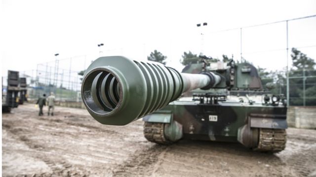 Self-propelled (storm) howitzers and military vehicles are seen during preparation process as they ready for deploying to Syria border in Hatay, Turkey on February 13, 2020.