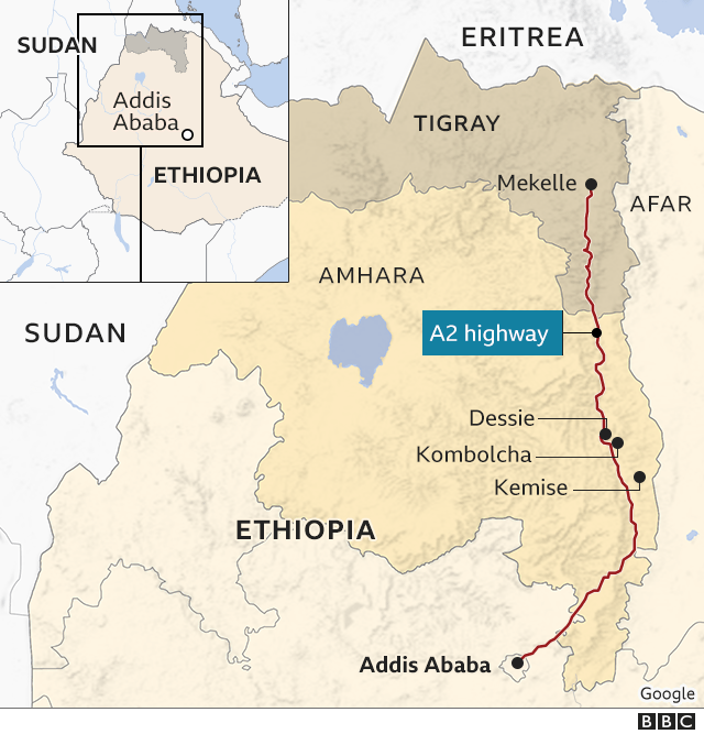 Map of Ethiopia showing Tigray and the towns taken