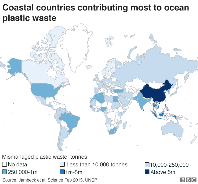 World map showing coastal countries which contribute most to plastic waste in oceans
