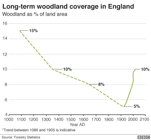 Graph showing long-term woodland coverage in England
