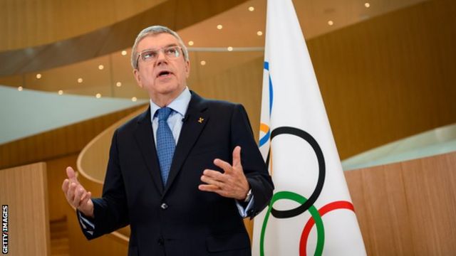 IOC president Thomas Bach addresses the media after a board meeting