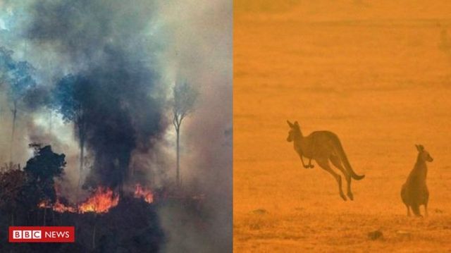 Montagem de incêndio na Amazônia (à esq) e incêndio na Austrália