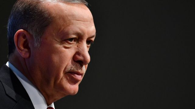 Turkey's President Recep Tayyip Erdogan attend a press conference at the G20 Summit in Hamburg. July 8, 2017