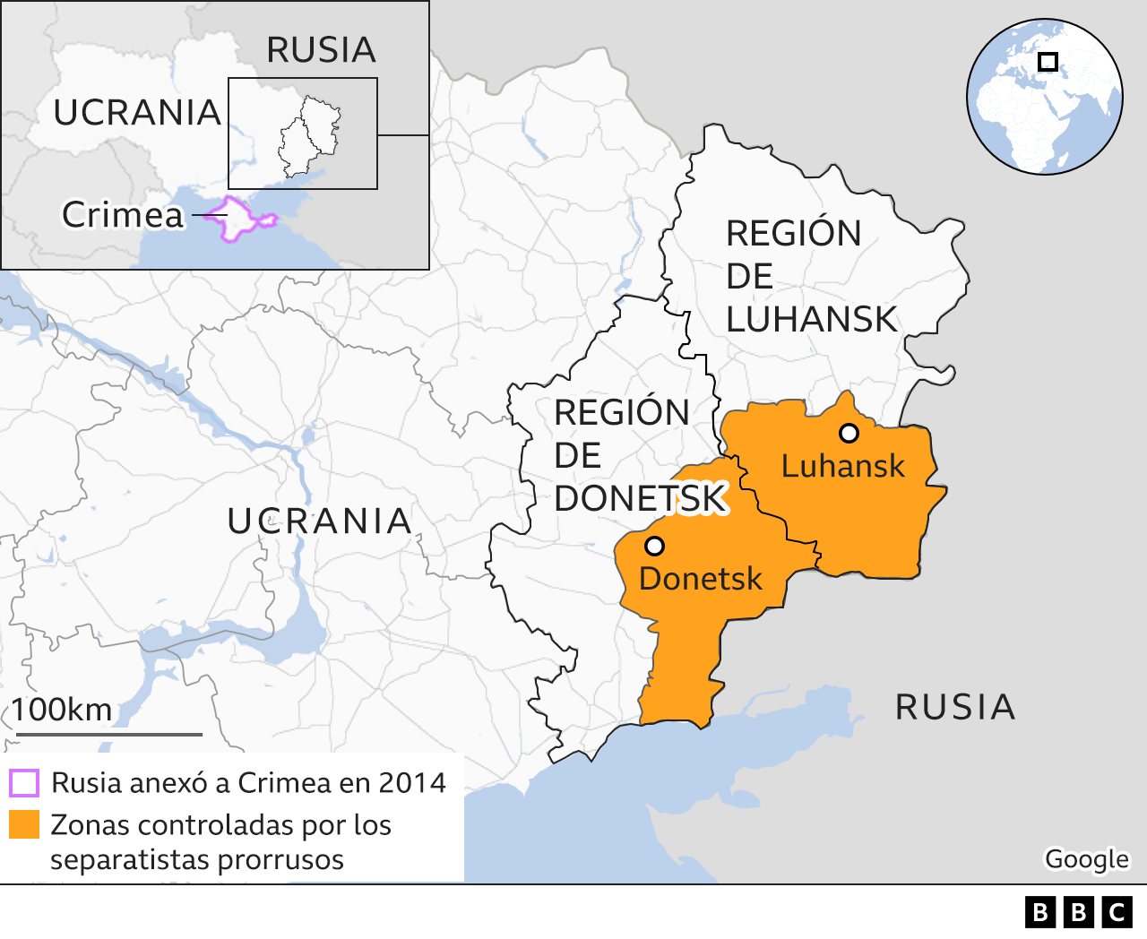 Mapa mostrando las regiones de Luhansk y Donetsk