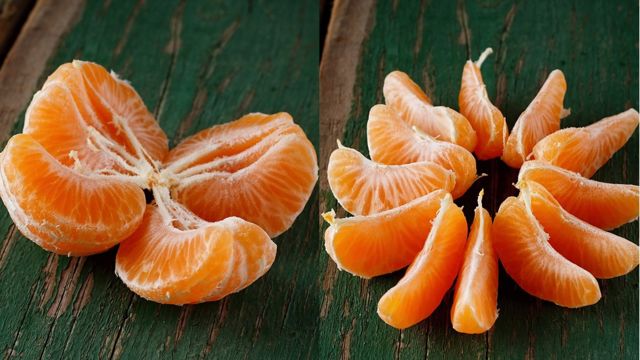 Mandarinas divididas en más o menos cascos