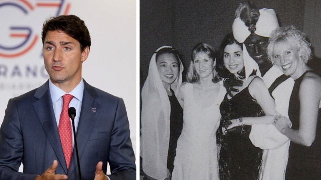 Trudeau à esquerda na reunião do G7 e, à direita, há 18 anos usando fantasia de Alladin