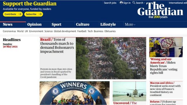 Site do jornal The Gurdian com os protestos no Brasil em destaque