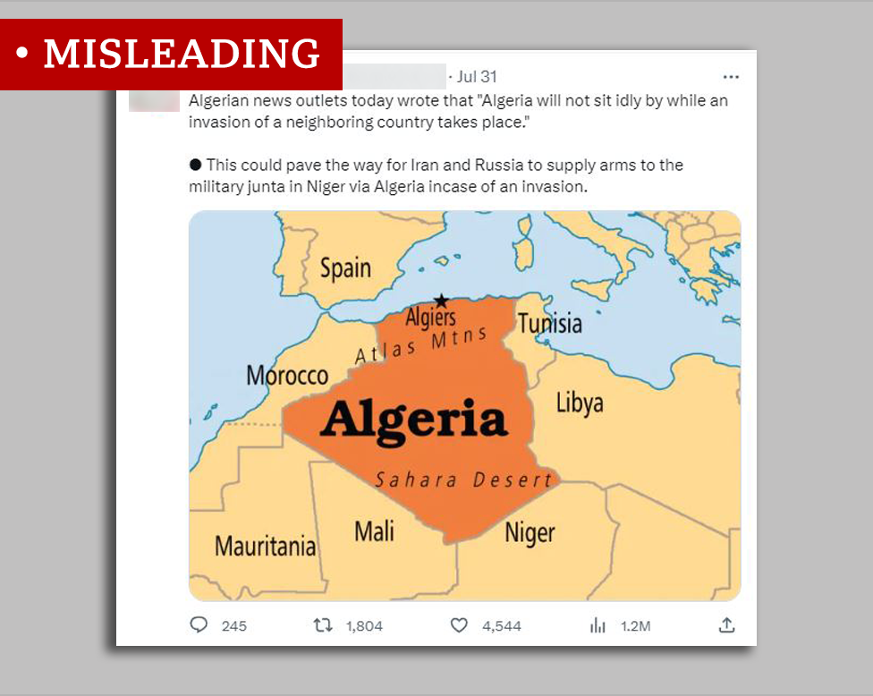 Capture d'écran d'un tweet affirmant que l'Algérie se rangerait du côté de la junte en cas d'intervention étrangère.
