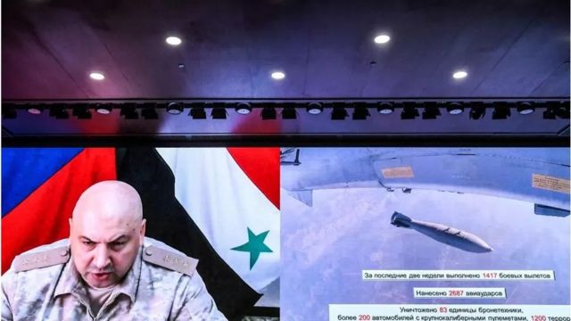 Russian General Sergei Survovikin during a teleconferencing during the war in Syria