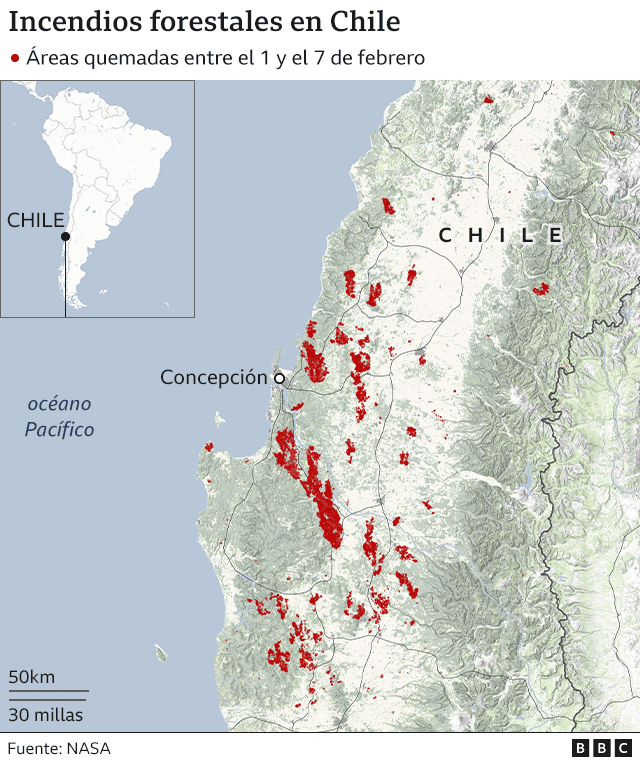Mapa de los incendios forestales.