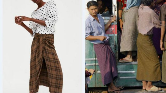 Model wearing Zara lungi and Burmese men wearing lungis