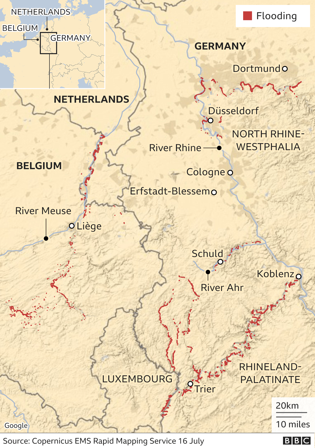 ドイツやベルギーで洪水 1人以上死亡 約1300人安否不明 cニュース