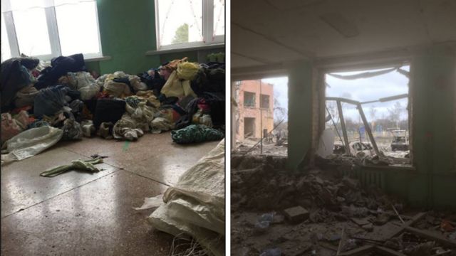 Dos fotos de una escuela. A la izquierda una muestra un montón de ropa y a la derecha ventanas rotas y escombros en el suelo