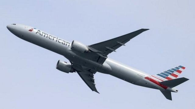 File picture of an American Airlines Boeing 777-300ER taking off