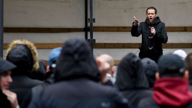 Radical Islamic convert Sven Lau speaks to Salafi supporters at a public gathering on 14 March 2015 in Wuppertal, Germany