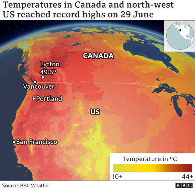 Map showing the hottest areas in Canada and the US north-west