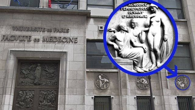 En la facultad de Medicina de la Universidad de París Descartes está inmortalizado en piedra el momento en el que Agnódice se desnuda en el Aerópago.