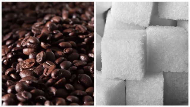 Montagem de fotos de café e açúcar