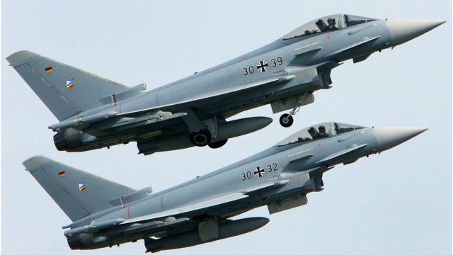 据估计在2035-40年，法国的阵风战斗机，德国的台风，和西班牙的F-18大黄蜂战斗机将由新一代飞机替代（图为德国的台风战机）(photo:BBC)