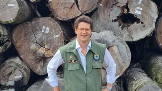 Ricardo Salles posa diante de madeira apreendida pelo Ibama