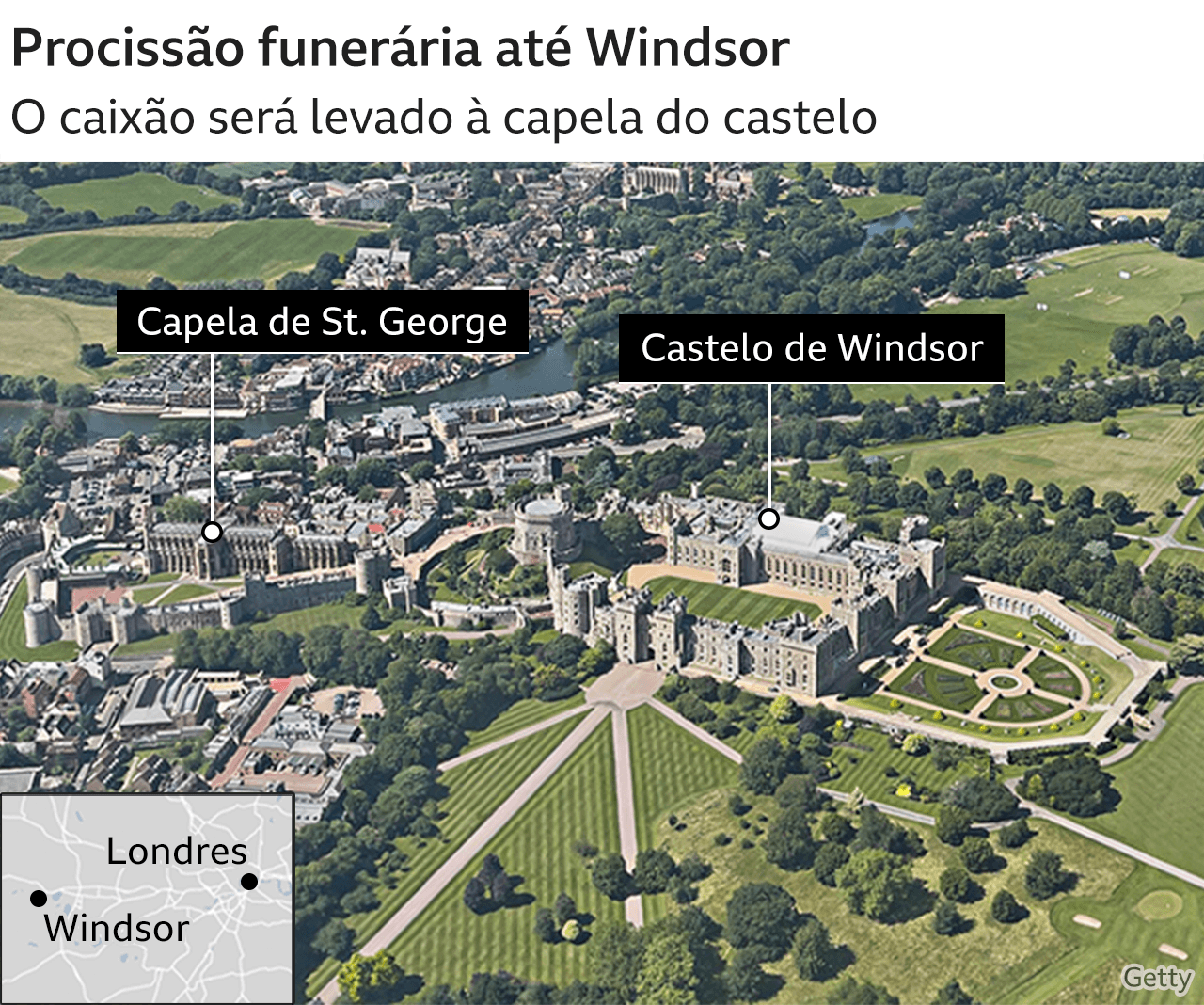 Foto aérea com rota do castelo de Windsor até a capela de St. George