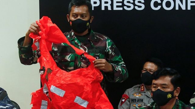 An escape suit believed to be from the sunken Indonesian Navy KRI Nanggala submarine is shown at a news conference in Bali, Indonesia, April 25, 2021