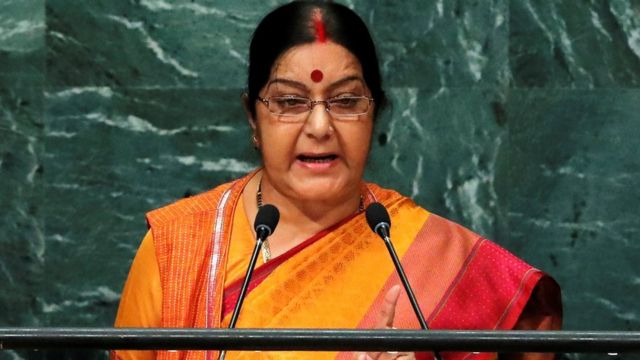 न्यूयार्क में सोमवार को संयुक्त राष्ट्र महासभा में भाषण देतीं भारतीय विदेशमंत्री सुषमा स्वराज.