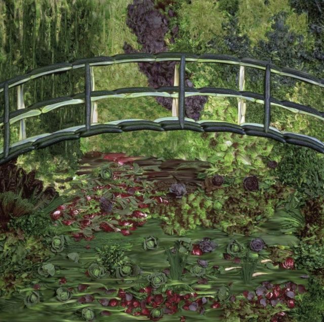Photograph by Tessa Traeger of vegetables that have been arranged to recreate a painting by Monet of a bridge over a lily pond (Hommage to Monet, 1989).