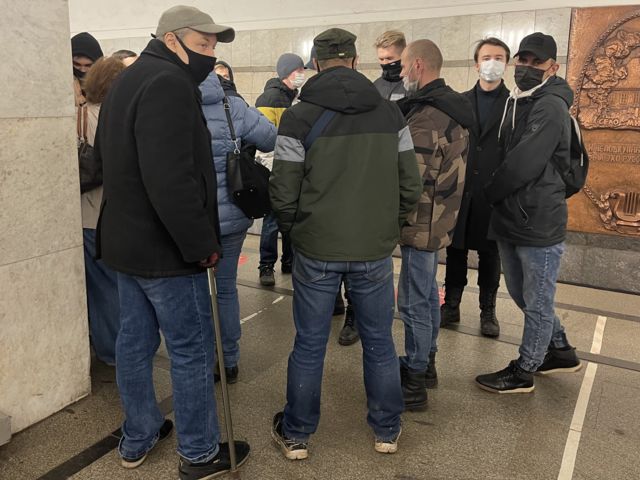 Participants "Russian march"-2021 gather at the metro station "Pushkinskaya"