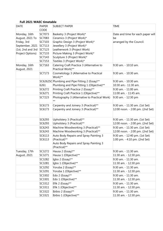 Waec timetable 2021 pricesgasw