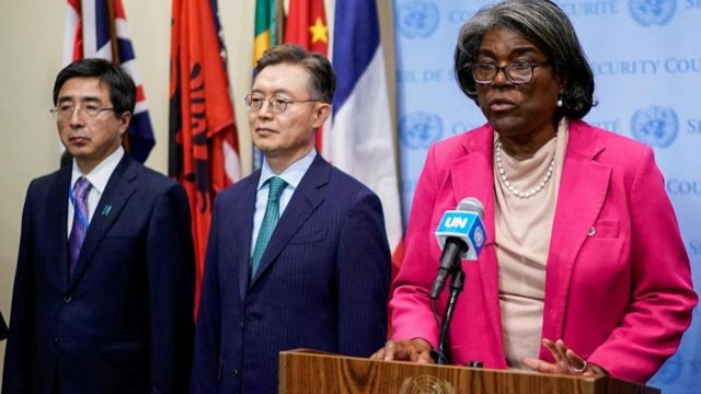 United States Ambassador to the United Nations Linda-Thomas Greenfield speaks next to Japan's Ambassador to the United Nations Motohide Yoshikawa and South Korea's Permanent Representative to the United Nations Hwang Jun-koo after a meeting of the United Nations Security Council after North Korean missile launch