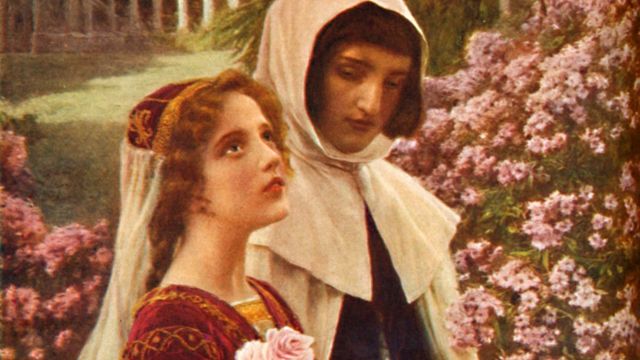Dante y Beatriz en el jardín, ese día en el que el poeta se enamoró perdidamente, en una ilustración de "Romance de vidas famosas" de Cassell, volumen 1 por Harold Wheeler.