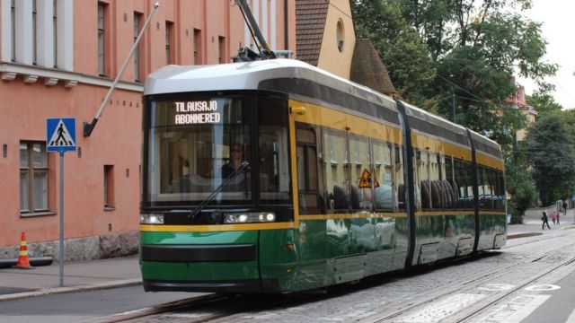 A modern tram in Helsinki