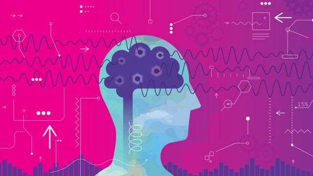 Ilustração mostra cabeça de perfil, com cérebro e ondas cerebrais desenhadas