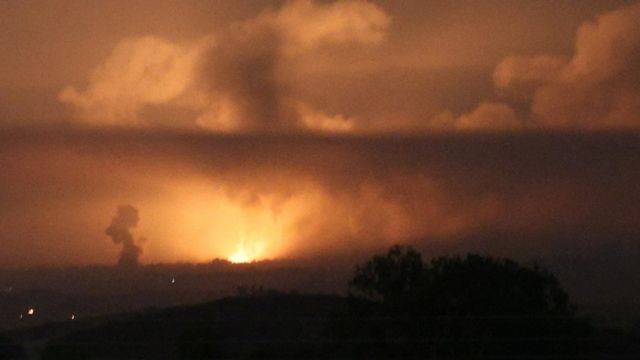 A view of explosion in Gaza, seen from Sderot in southern Israel