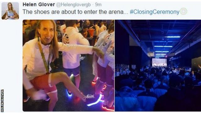 英国選手団は光る靴で入場。写真は、ボート2冠のヘレン・グローバー選手