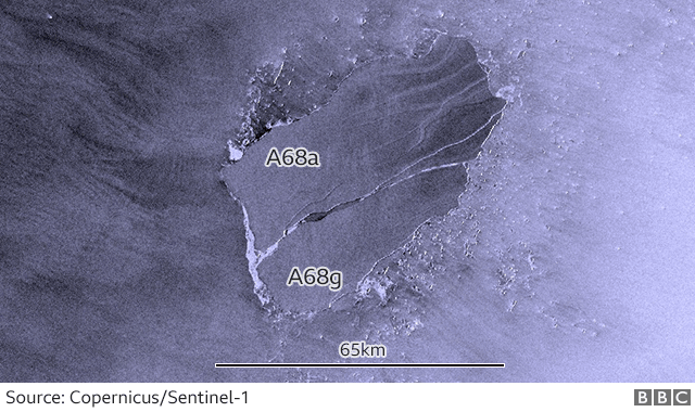 A satellite radar image: The larger fragment will retain the A68a name