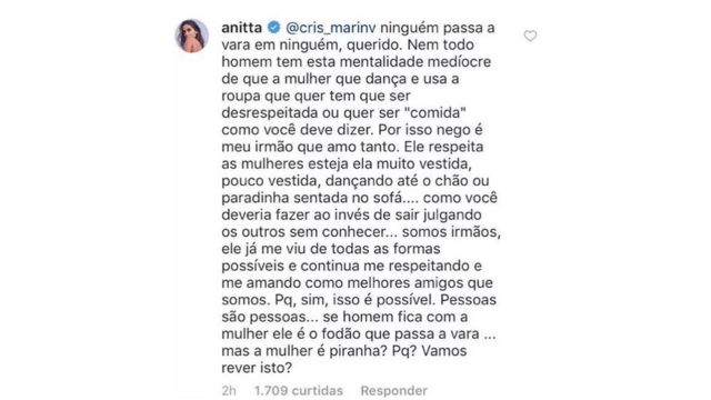 Resposta de Anitta no Instagram
