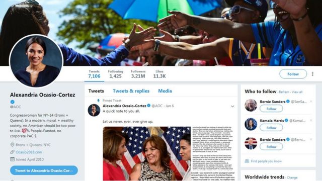 حساب تويتر لنائبة الكونغرس كورتيز