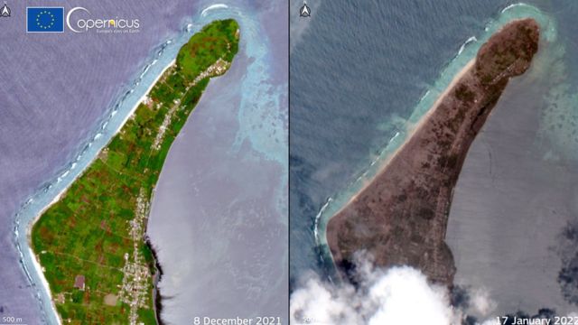汤加火山爆发前后卫星图