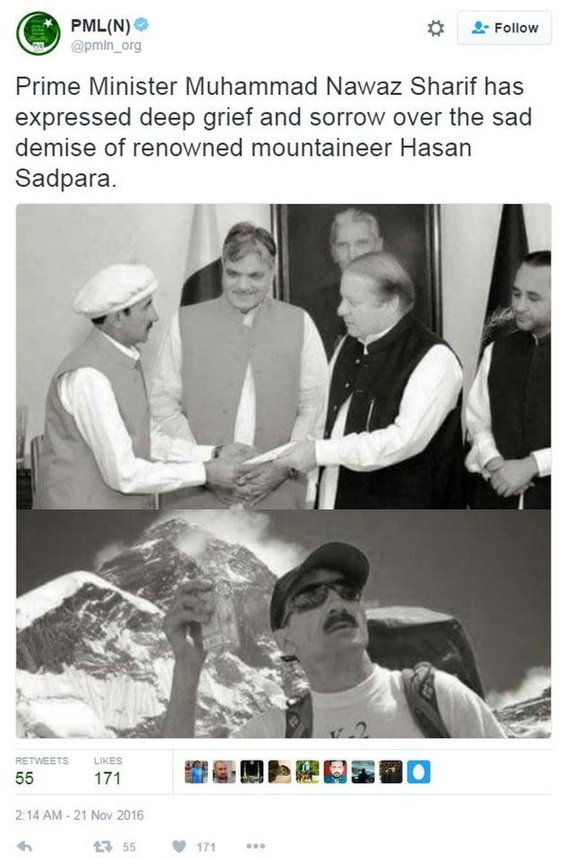 PM Nawaz Sharif's party, the PML(N), tweeted pictures of the greet mountaineer Hasan Sadpara